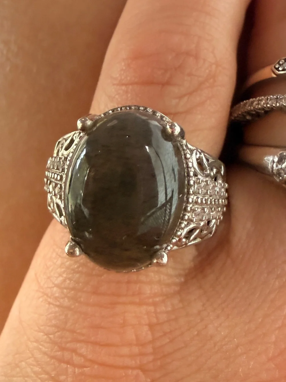 Sterling Silver Djoy Golden Sheen Moonstone Cats Eye Ring sz6